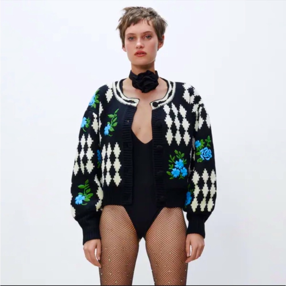 Zara Black and White Cardigan with Blue Floral Accents